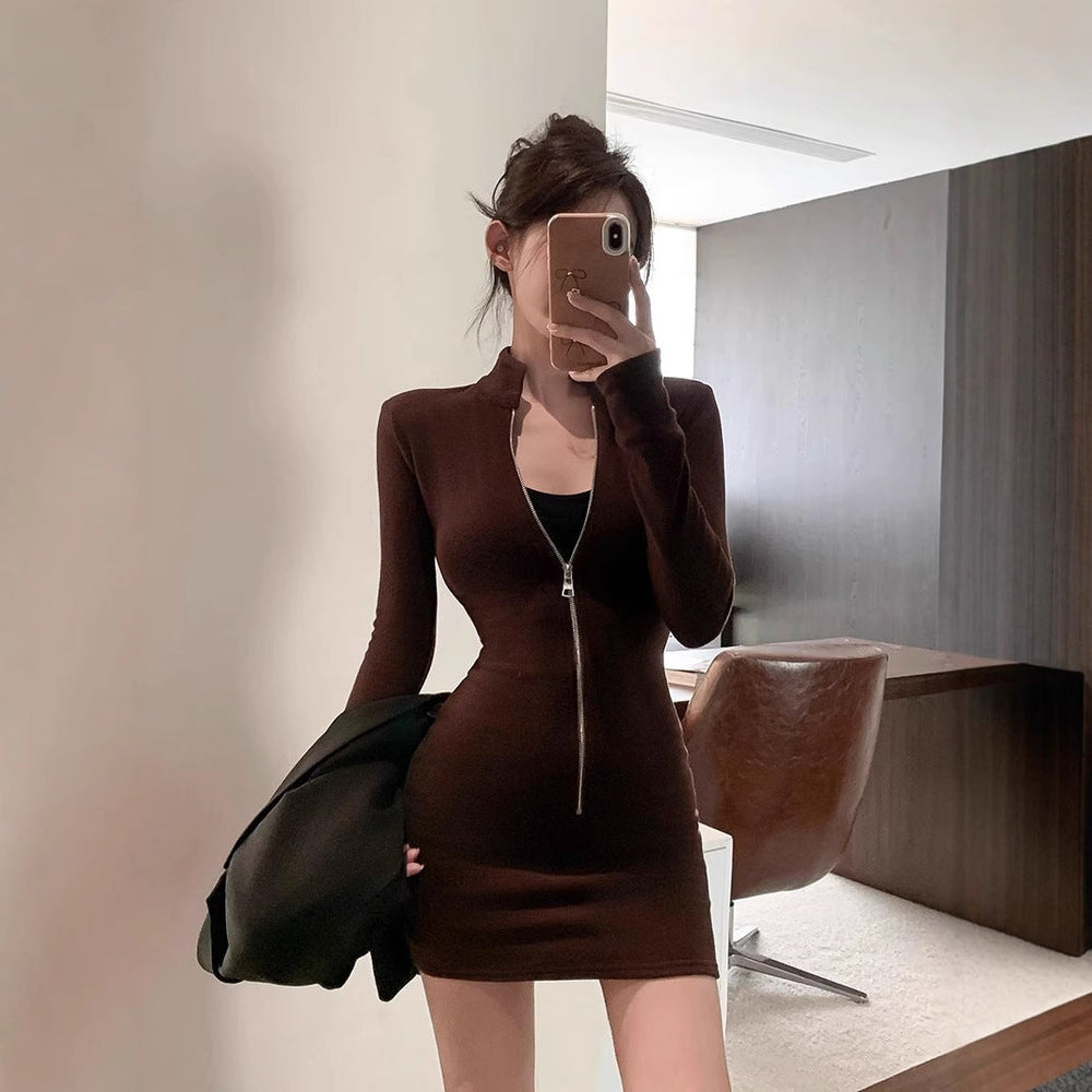 American-style Spicy Girl Stand-up Collar Long-sleeve Dress