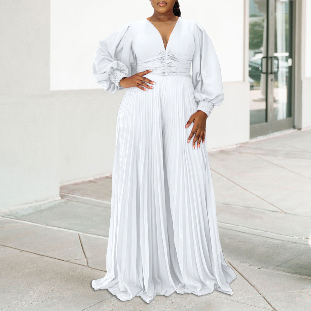 Women's Wide-leg Pleated African Jumpsuit Slightly Elastic