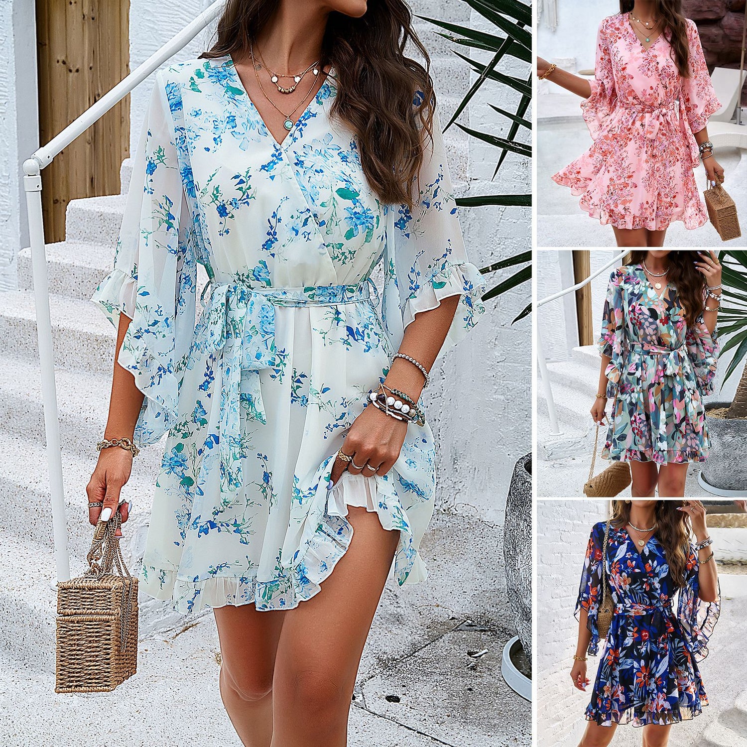 Short Sleeves Dress Lace Up Ruffles Design Fashion V-neck Short Dresses