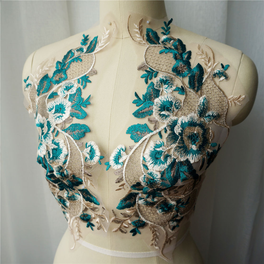 Green Evening Gown Accessories Chest Decoration Colorful Gold Thread Ornaments Decal Lace