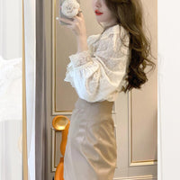 Korean-style Womens Lace Ruffled Puff Sleeves
