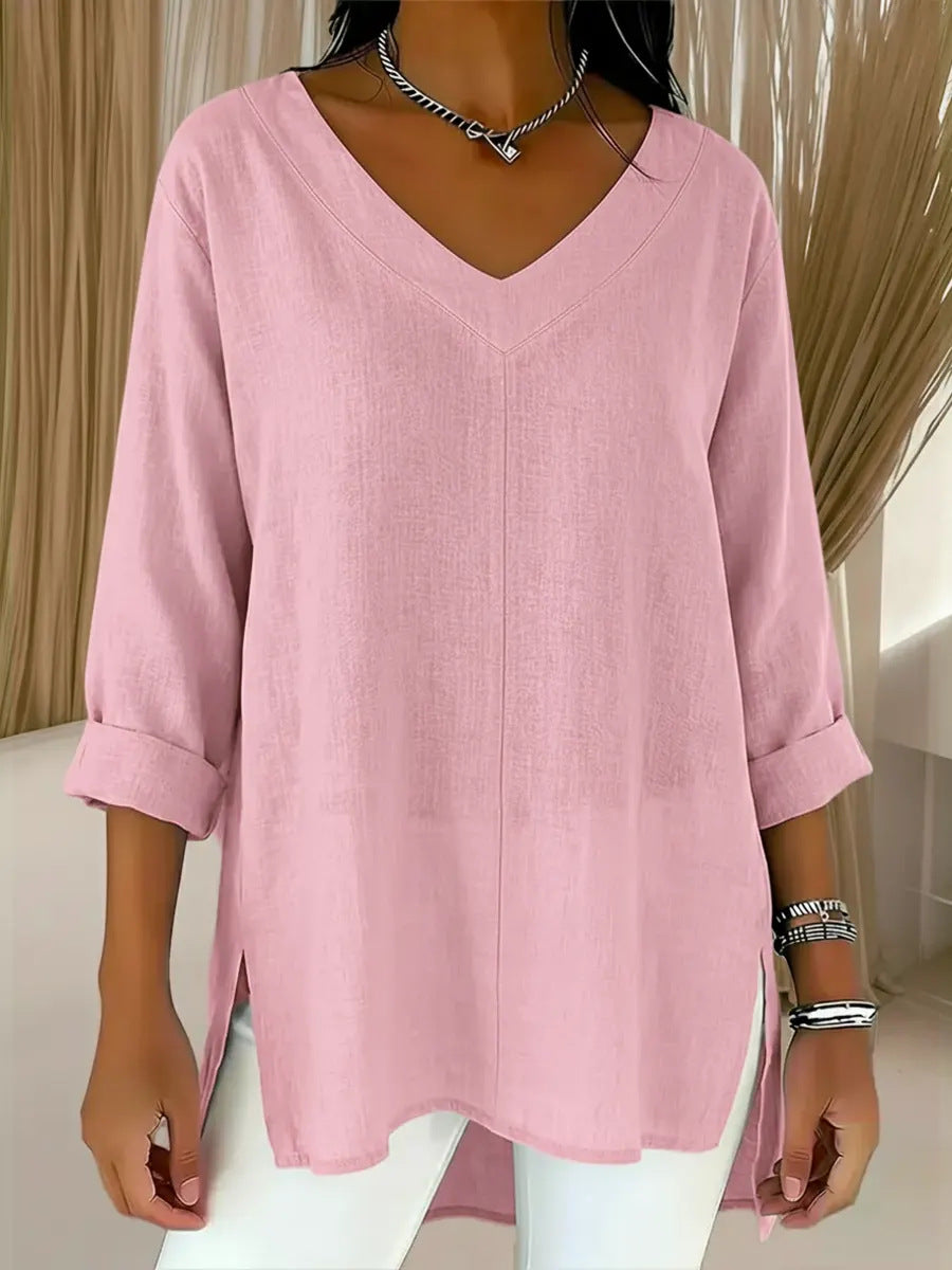 Street-style Solid-color V-neck Loose-fitting Top