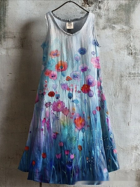 Womens Sleeveless V-Neck 3D Printed Dress
