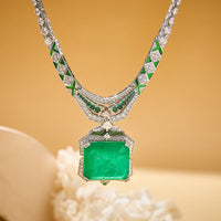 Heavy Textured Gold-Plated Square Sugar Pendant Necklace With Emerald For Women