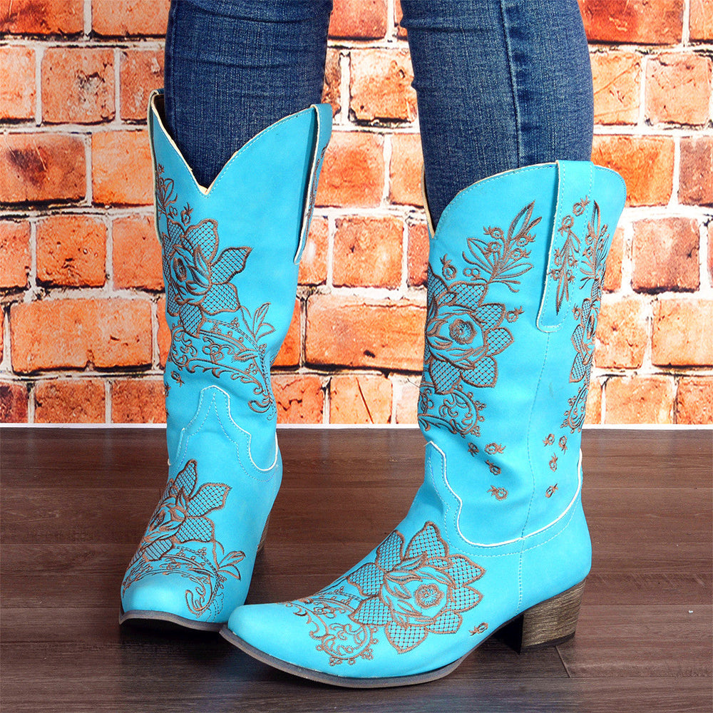 Womens Mid-Calf Boots With Embroidery Ethnic Style And A Comfortable Mid-Heel