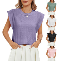 Summer Hollow Short-sleeved T-shirt Vest Fashion Solid Color Loose Round Neck Top For Womens Clothing