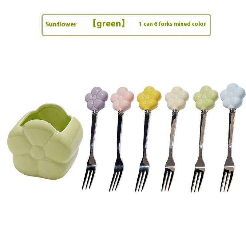 Creative SUNFLOWER Stainless Steel Fruit Fork Ceramic Storage Tank Kitchen Gadgets