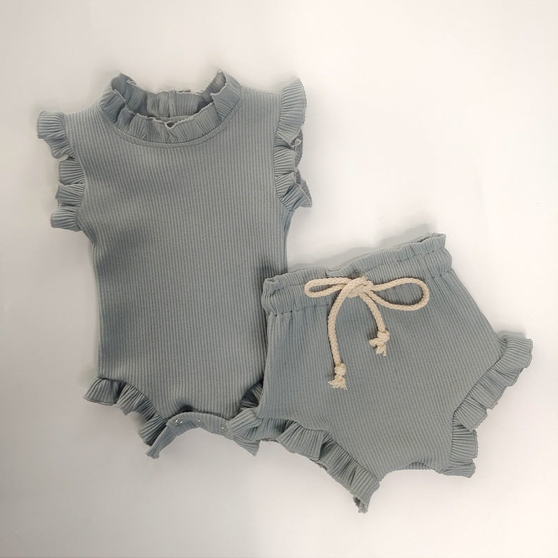 Nfant Sunken Stripe Thread Short Sleeve Wooden Ear Rompers Jumpsuit Plus Shorts Suit Baby Rompers