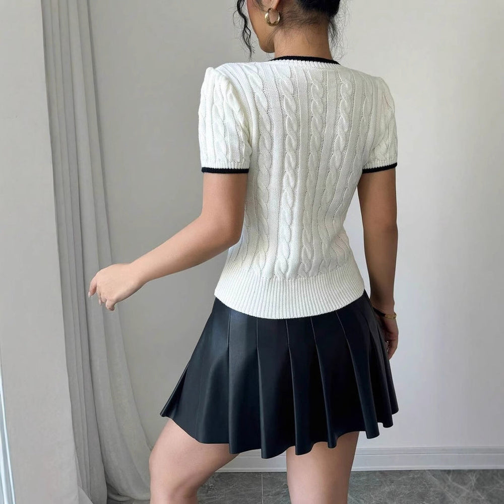 Cable-Knit Twisted Rope Letter Jacquard Crew-Neck Top