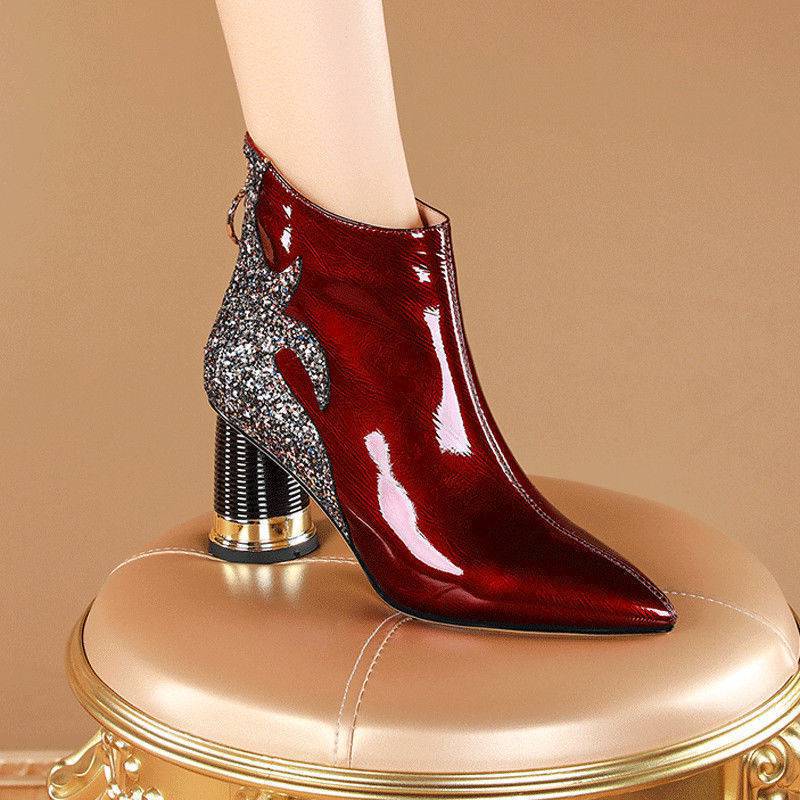 Real Soft Leather High-heeled Rhinestone Pointed Toe Boots