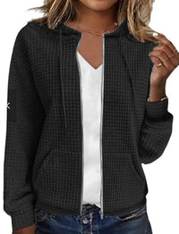 Womens Solid Color Hooded Zip Up Loose Long Sleeve Jacquard Sweatshirt