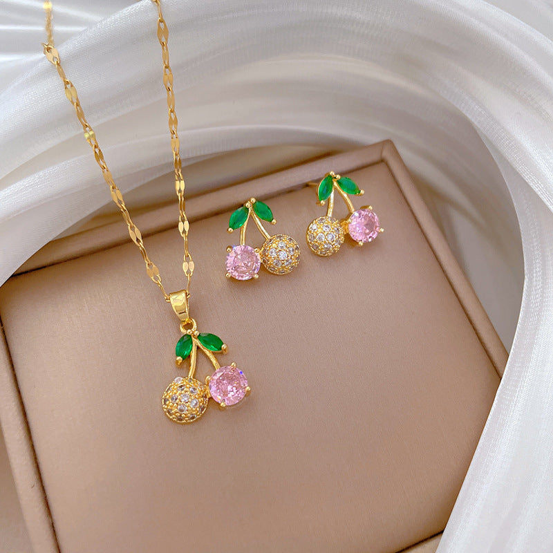 Cherry Diamond Micro Inlaid Real Gold Necklace Earrings