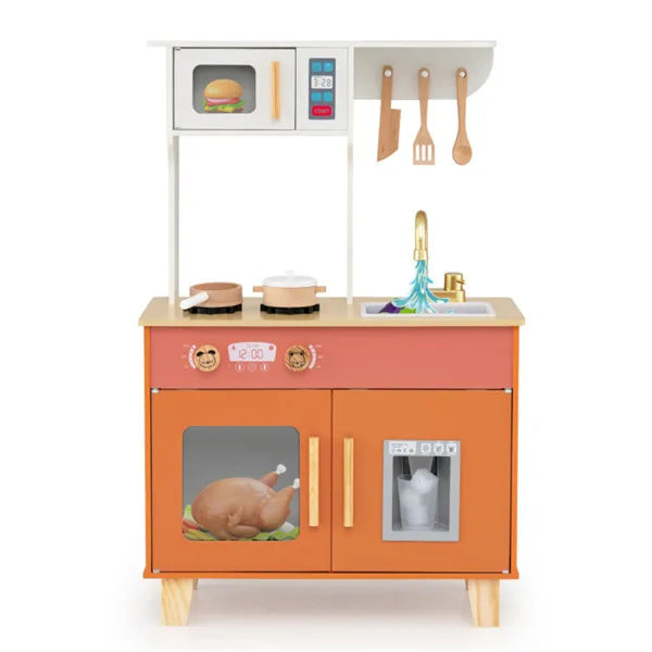 Orange Kids Play Kitchen With Realistic Faucet & Ice Dispenser, Anti-Tipping Pretend Cooking Set For Ages 3-6