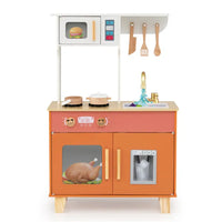 Orange Kids Play Kitchen With Realistic Faucet & Ice Dispenser, Anti-Tipping Pretend Cooking Set For Ages 3-6