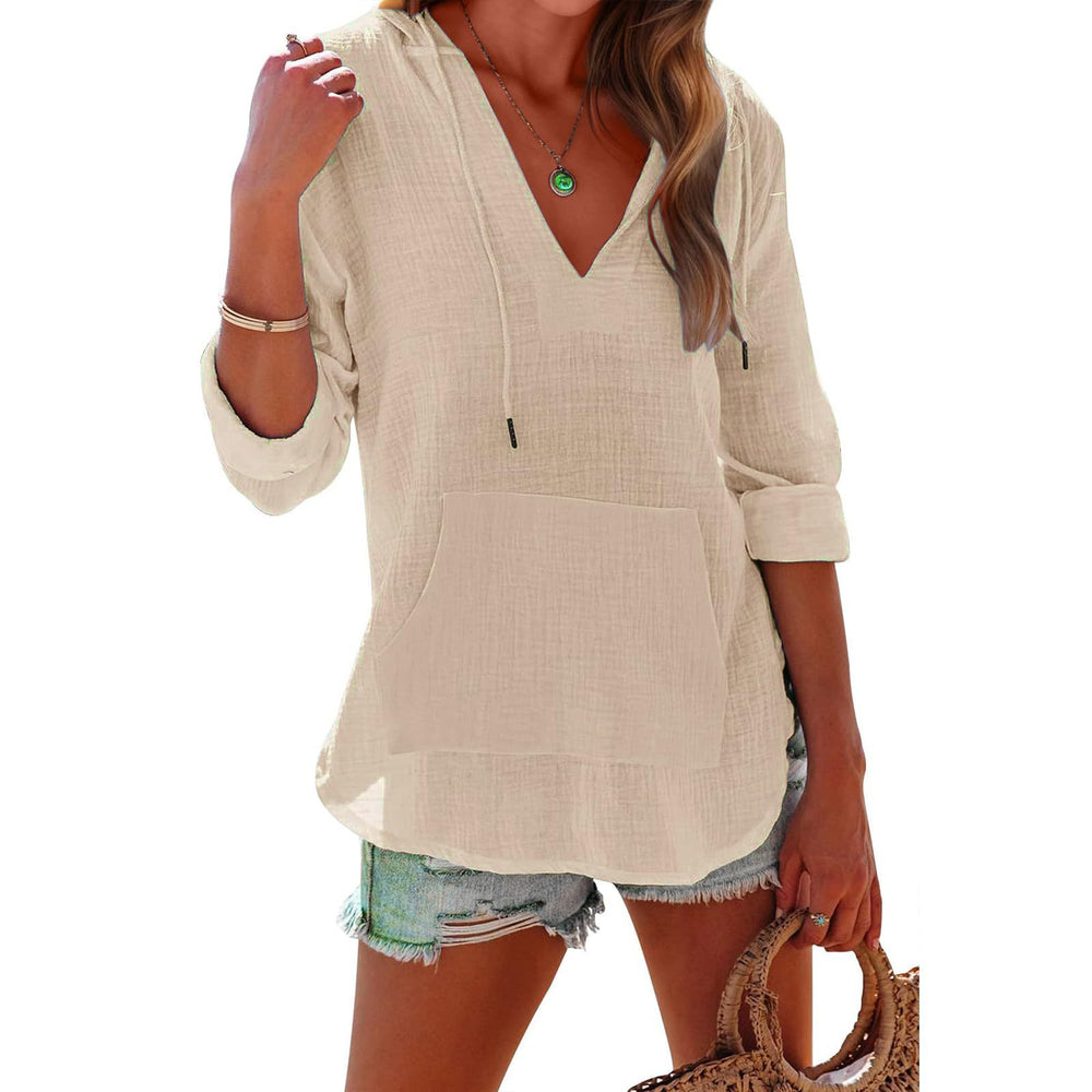 Women's V-Neck Hooded Long Sleeve Shirt