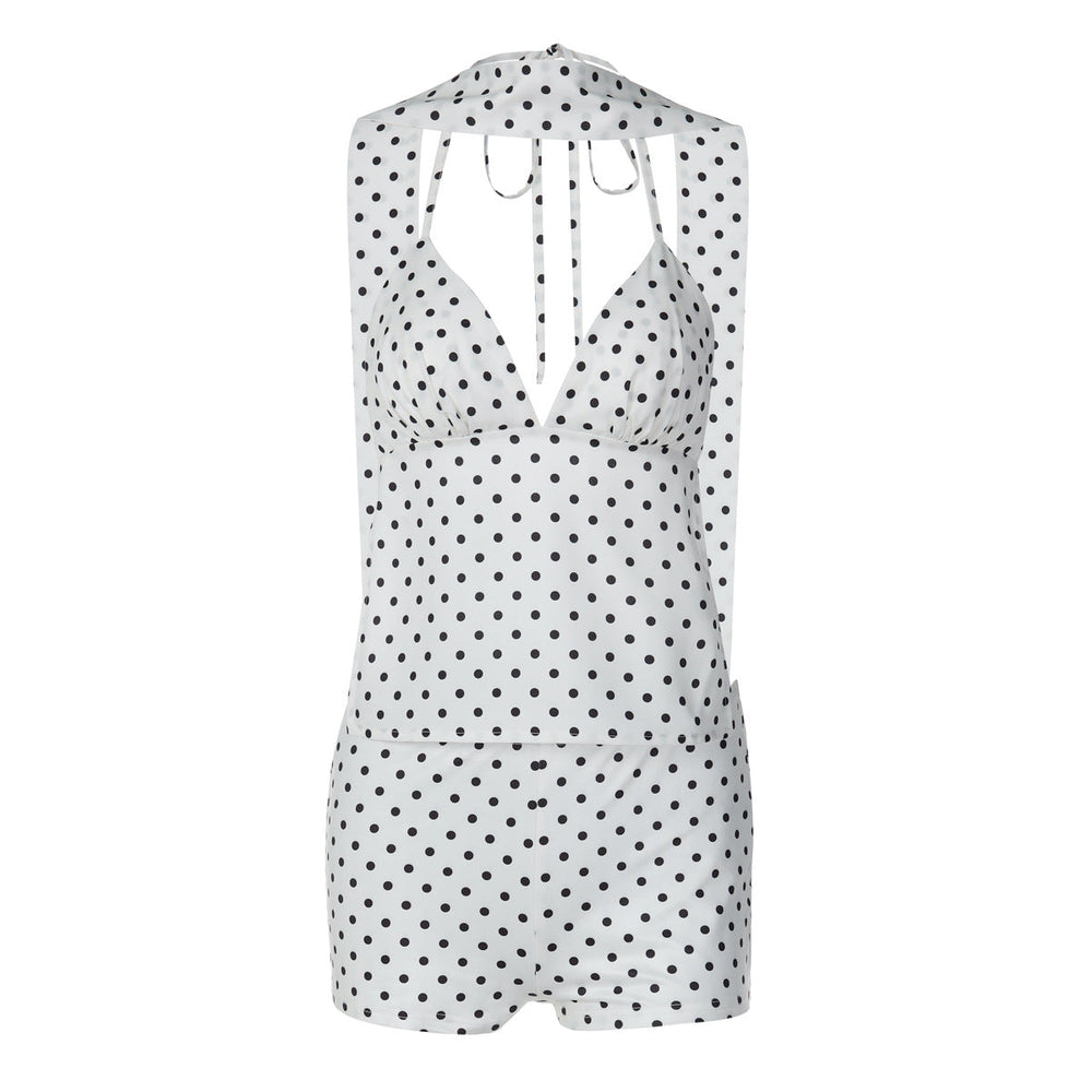 Winter Polka-Dot Lace-Up Camisole And Slim-Fit Shorts Two-Piece Set For Women