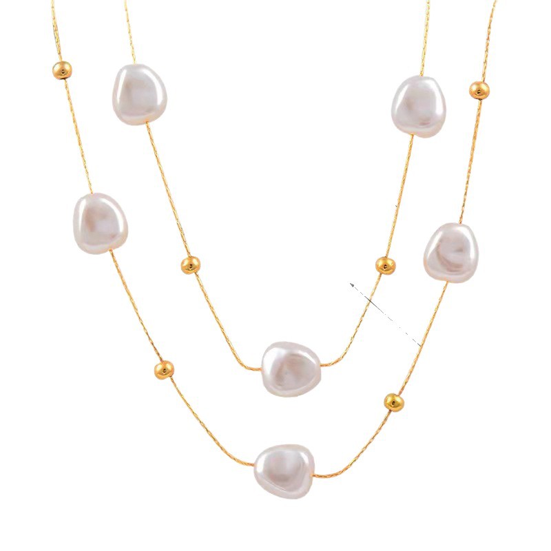 Niche Design Double-Layer Pearl Clavicle Vintage French-Style Artificial Pearl Titanium Steel Necklace