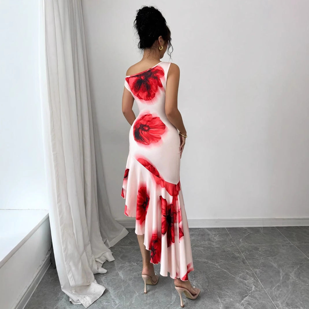 Elegant Asymmetrical Figure-flattering Dress With Hibiscus Floral Print