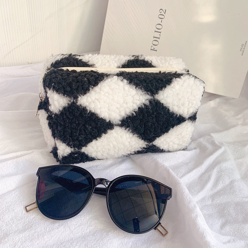 Niche Design Plaid Plush Pencil Case Large-Capacity Storage Bag