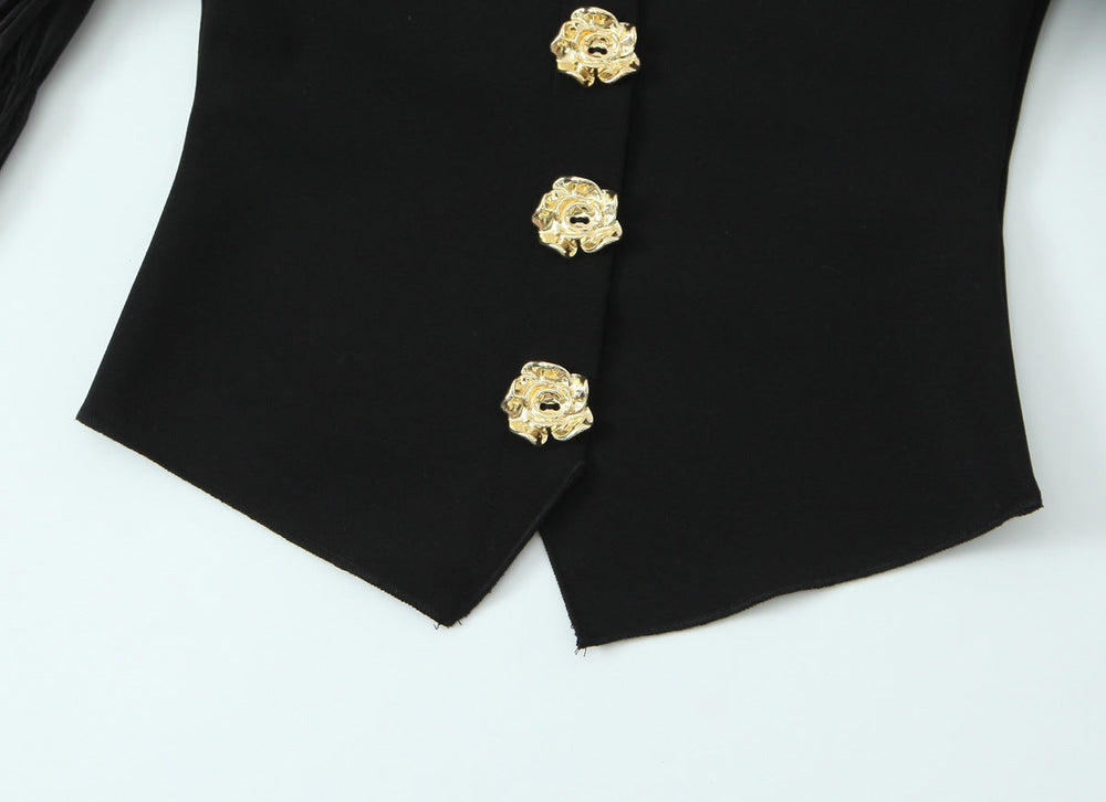 Button Polyester Embellished Stretch Top