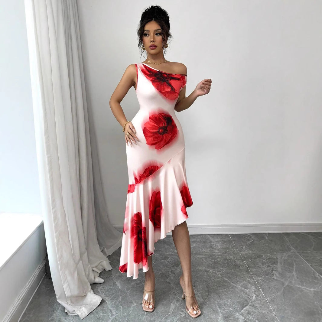Elegant Asymmetrical Figure-flattering Dress With Hibiscus Floral Print