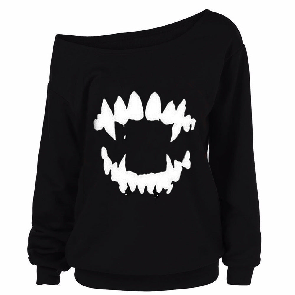 Halloween Print Long Sleeve Slanted Shoulder Top