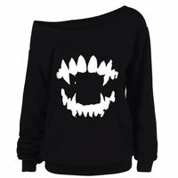 Halloween Print Long Sleeve Slanted Shoulder Top
