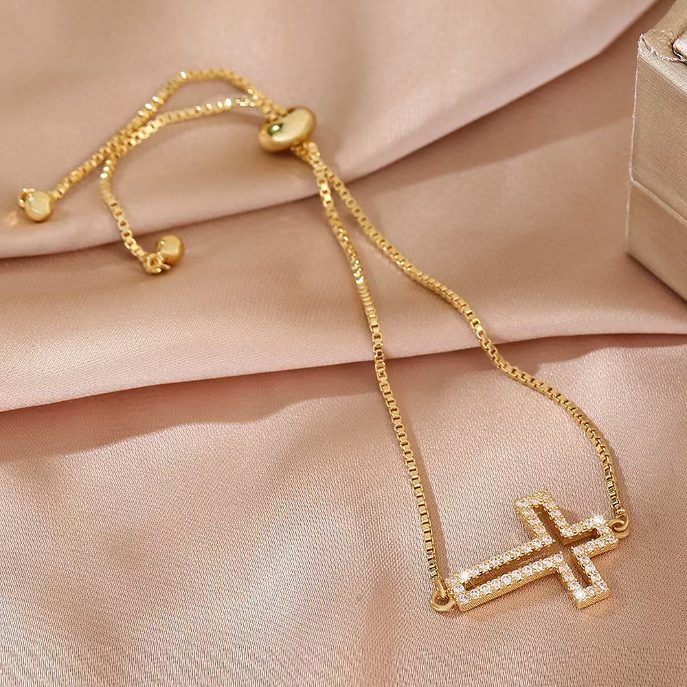Fashionable Copper Bracelet With Full Diamond Cross Design