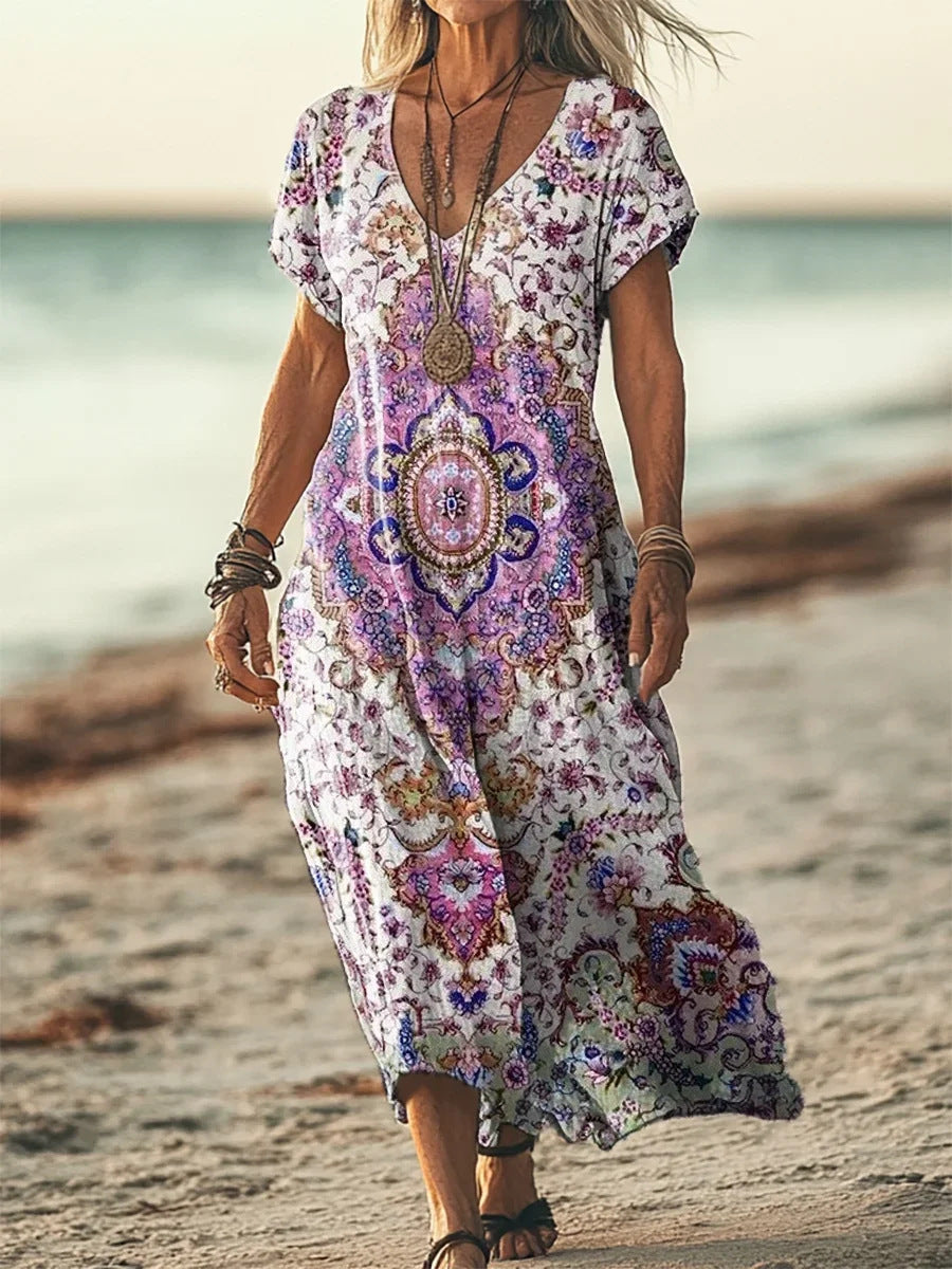 Womens Floral V-Neck Short-Sleeve Dress