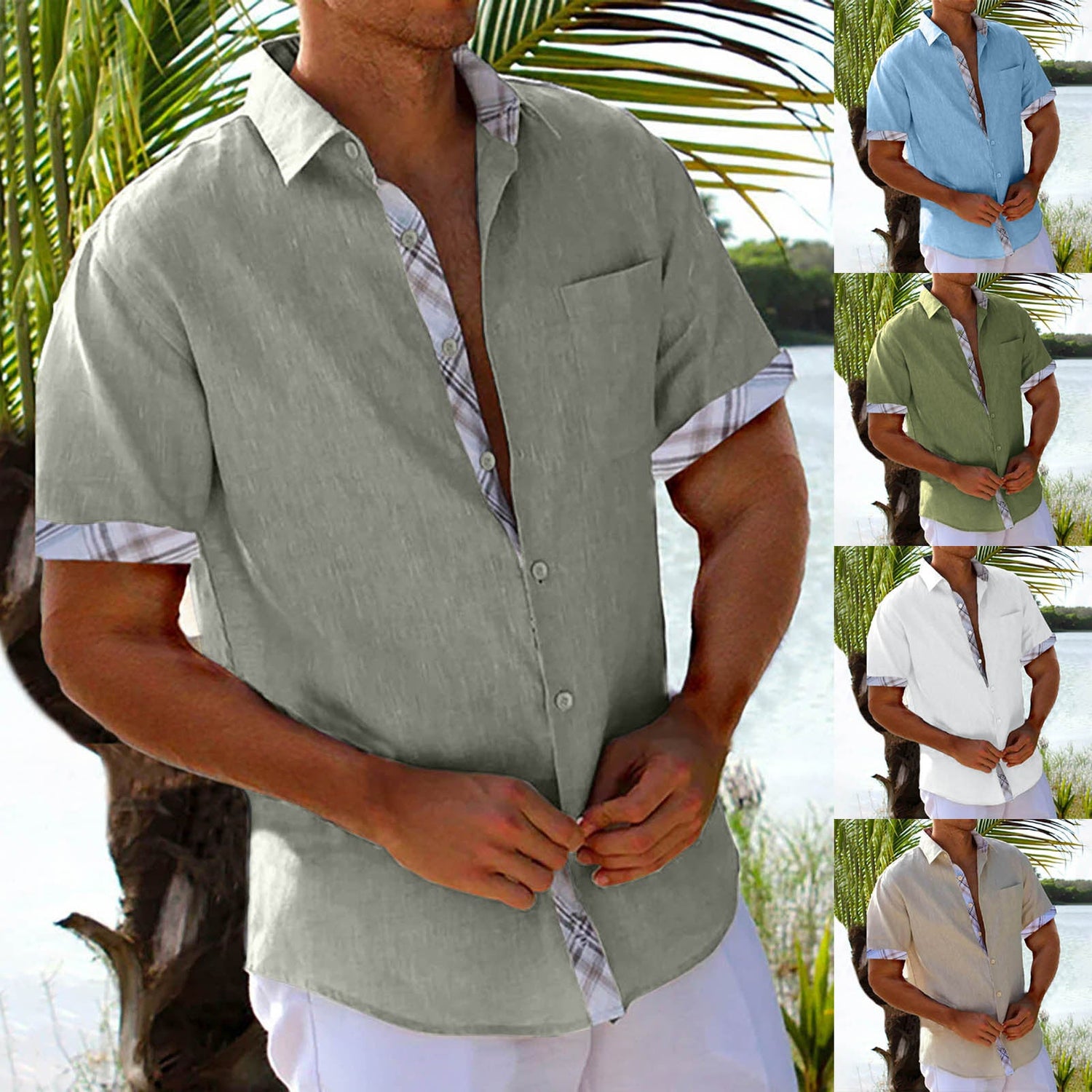 Vacation Short Sleeve Shirts With Plaid Side Summer Hawaii Beach