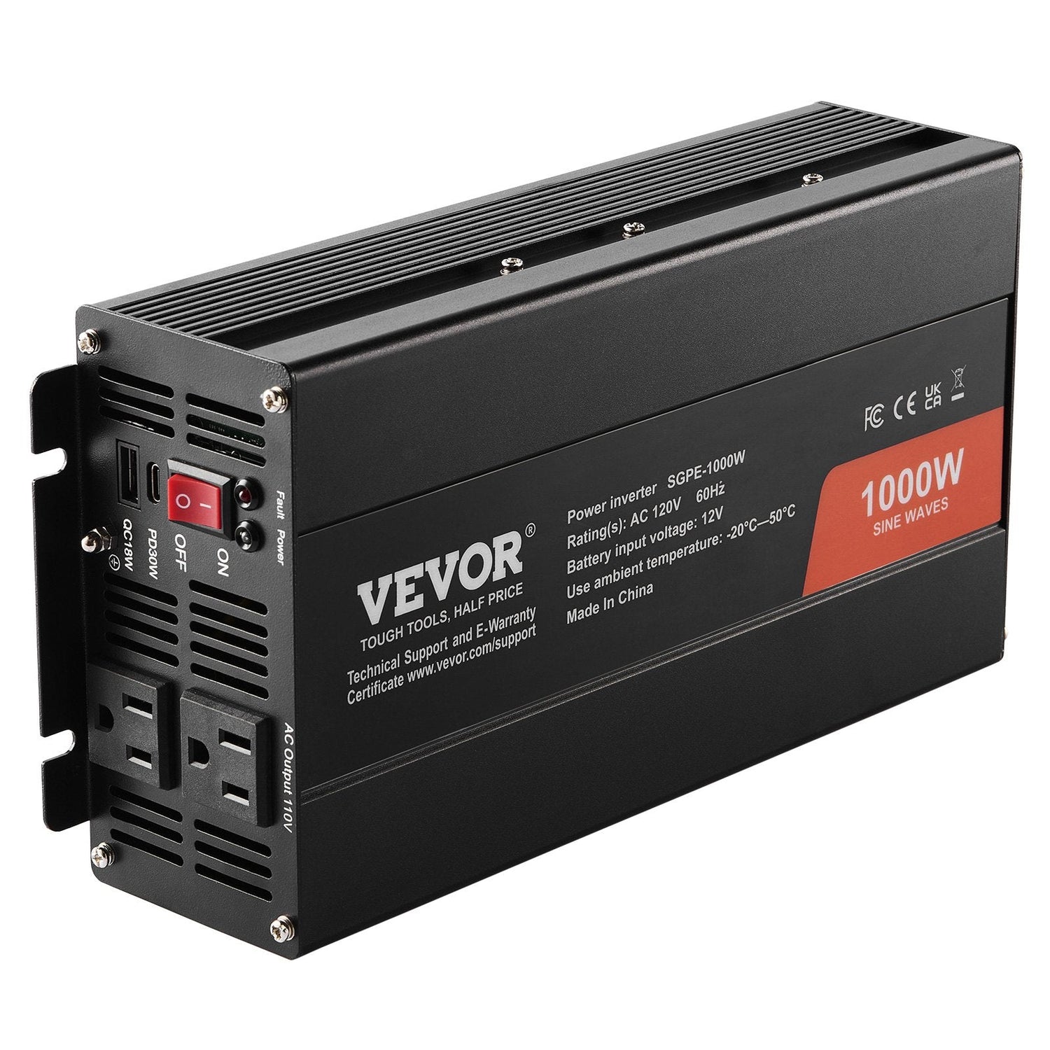 1000W Pure Sine Wave Inverter 12V to 110V/220V USB Type-C Remote