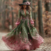 Womens Plus-Size Bohemian V-Neck Printed Short-Sleeve Dress