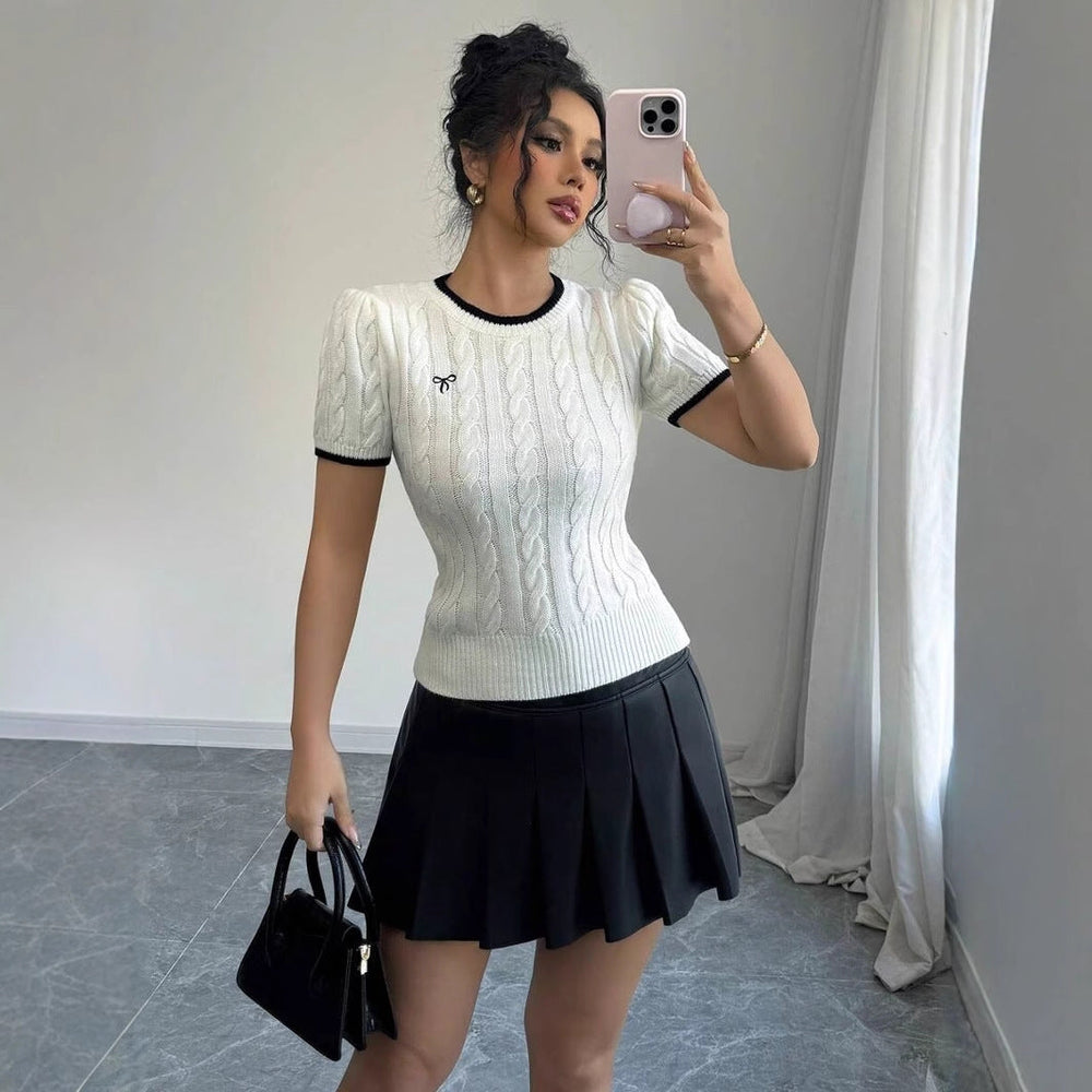 Cable-Knit Twisted Rope Letter Jacquard Crew-Neck Top