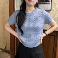 Retro Cable-Knit Crew-Neck Short-Sleeve Knit T-Shirt For Summer