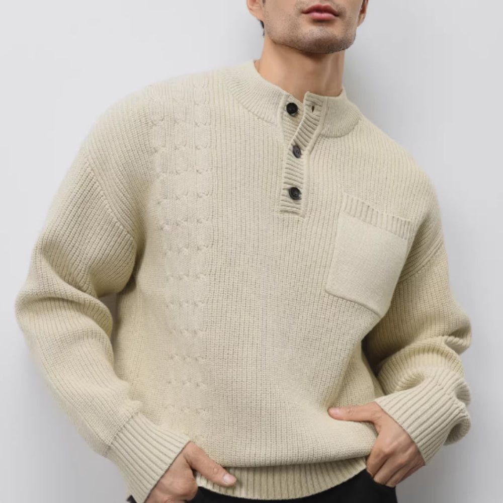 Men's Heavyweight Henley Collar Jacquard Thick Sweater