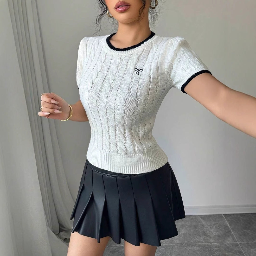 Cable-Knit Twisted Rope Letter Jacquard Crew-Neck Top