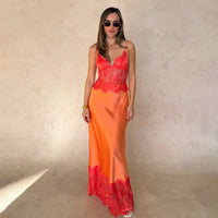 Lace-Panel Sheer Backless Deep V-Neck Slip Dress