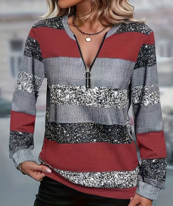 Womens FallWinter Crew-Neck Printed Loose-Fit Zip-Up Hoodie With Long Sleeves