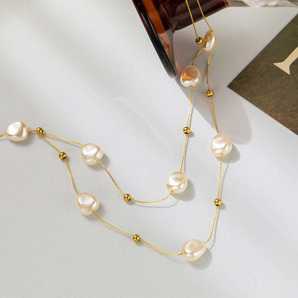 Niche Design Double-Layer Pearl Clavicle Vintage French-Style Artificial Pearl Titanium Steel Necklace