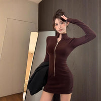 American-style Spicy Girl Stand-up Collar Long-sleeve Dress