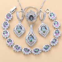 Inlaid Gemstone Pendant Earrings Necklace And Ring For Women 4 PCs Set