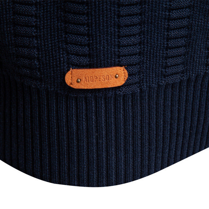 Mens Striped Jacquard Sweater With Half Zip And Stand Collar