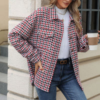 Fashion Houndstooth Lapel Tweed Coat Casual Loose Long Sleeve Jacket With Pocket Outwear Tops For Womens Clothing