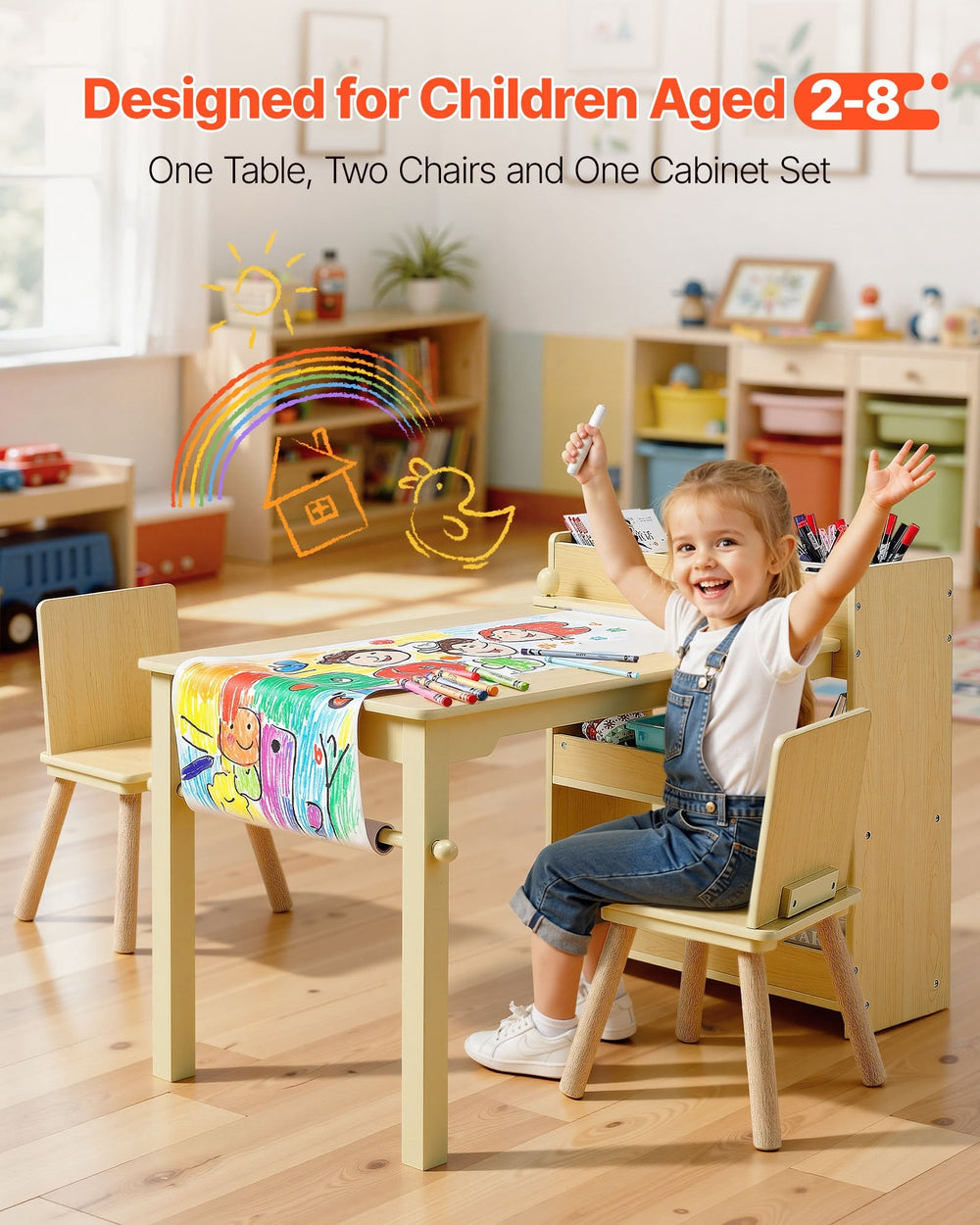 Kids Art Table And Chair Set, Toddler Craft Table With 3 Tiers Storage Cabinet, Wooden Kids Activity Play Desk With 2 Chairs, Craft Play Desk For Reading, Learning, Drawing, Writing, Light Wood