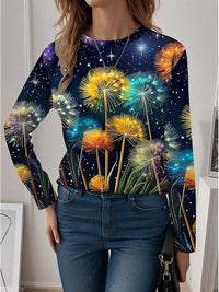 Womens Casual T Shirt With 3D Printed Crew Neck And Long Sleeves