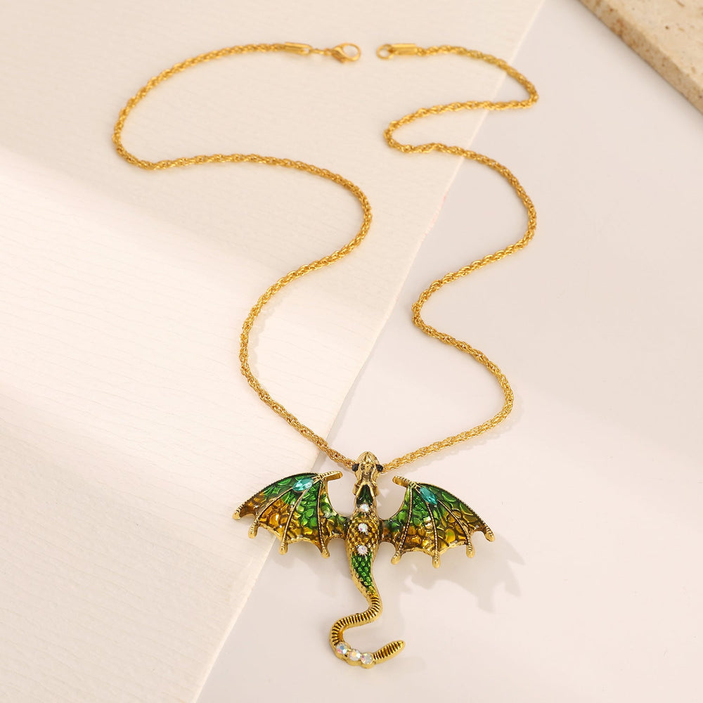 Retro Oil-drop Cartoon Flying Dragon Pendant Hip-hop Rhinestone-studded Necklace For Clubbing