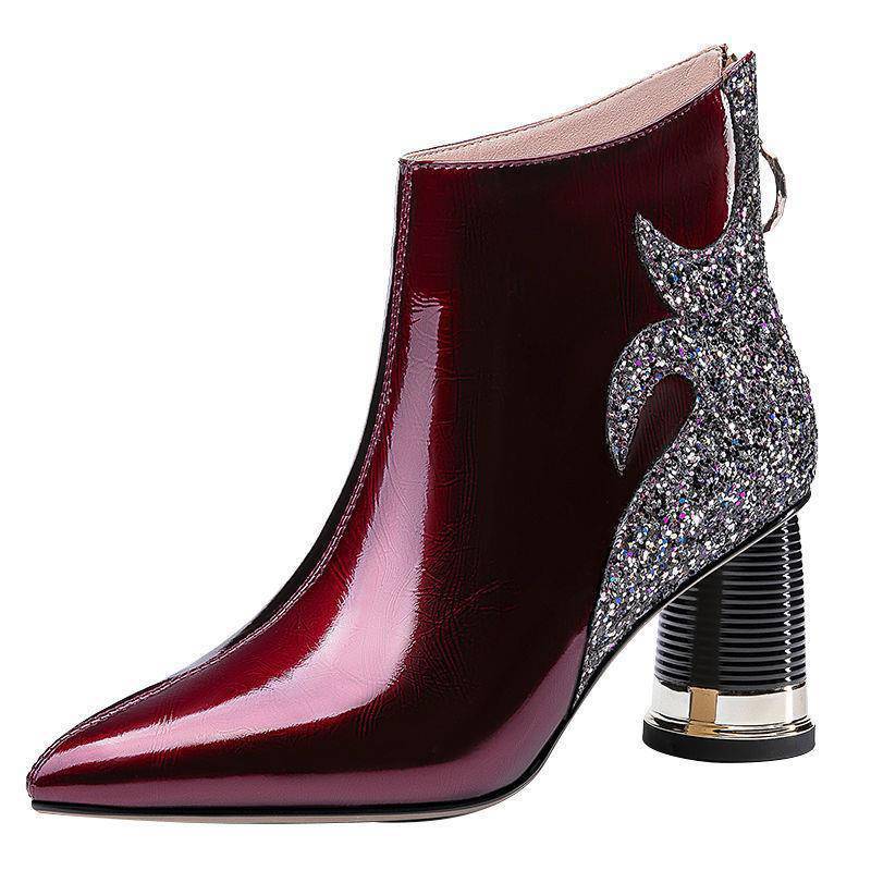 Real Soft Leather High-heeled Rhinestone Pointed Toe Boots