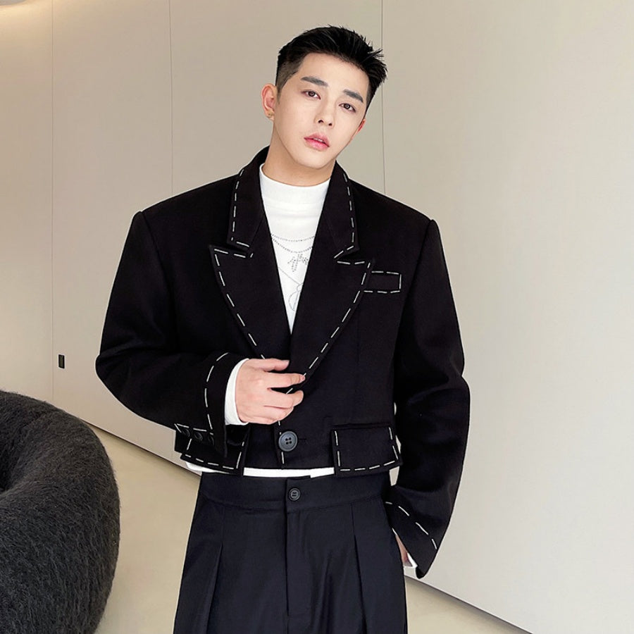 Men's Black Short Suit Jacket With Distinctive Hand-Stitched Detailing