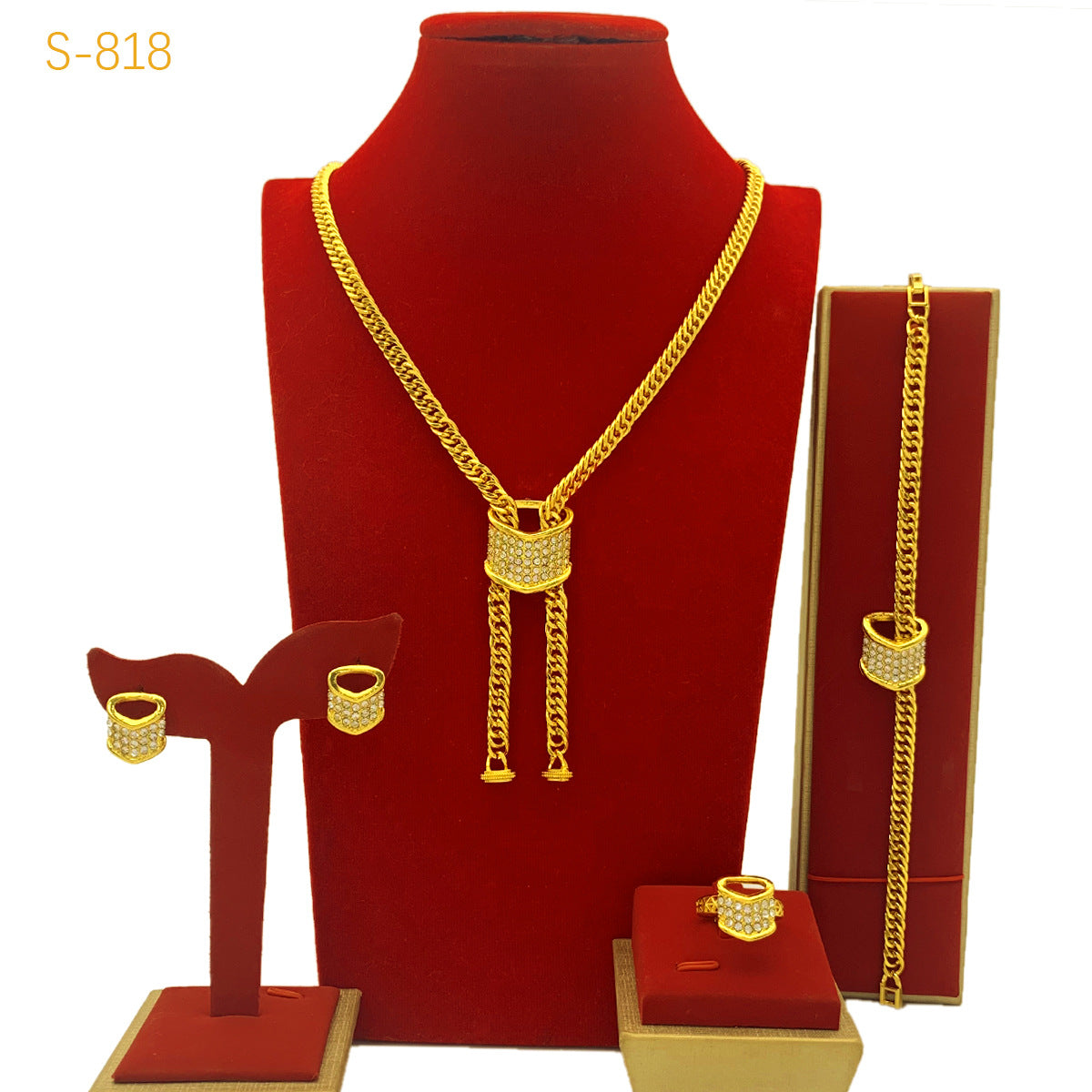 Best-selling Dubai Bride 24k Gold-plated Necklace Bracelet Earring Ring