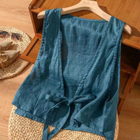 Versatile Ethnic-Style Cotton-Linen Solid-Color Lace-Up Vest Top For Women